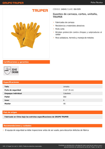 Guantes de Carnaza Cortos TRUPER GU-535 - Protección Profesional para Soldadura y Herrería
