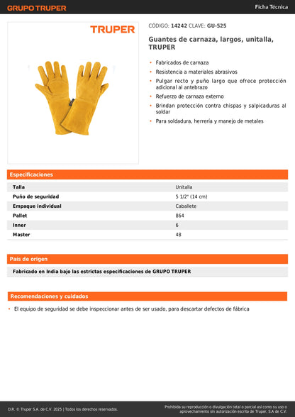 Guantes de Carnaza Largos TRUPER GU-525 - Protección Profesional para Soldadura y Herrería