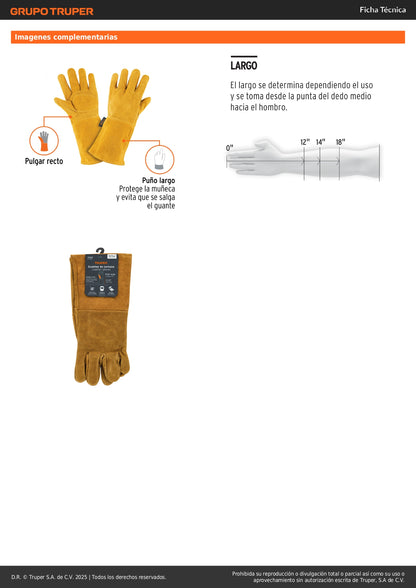 Guantes de Carnaza Largos TRUPER GU-525 - Protección Profesional para Soldadura y Herrería