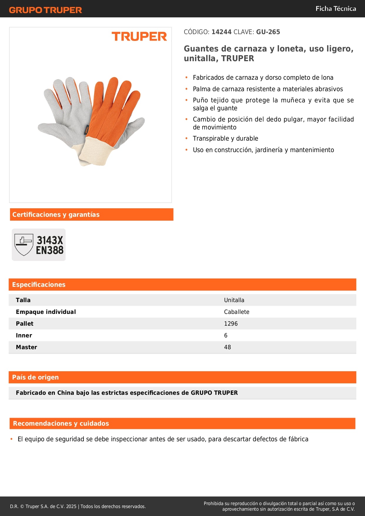 Guantes de Carnaza y Loneta TRUPER GU-265 - Protección Profesional para Construcción, Jardinería y Mantenimiento - Resistentes y Transpirables