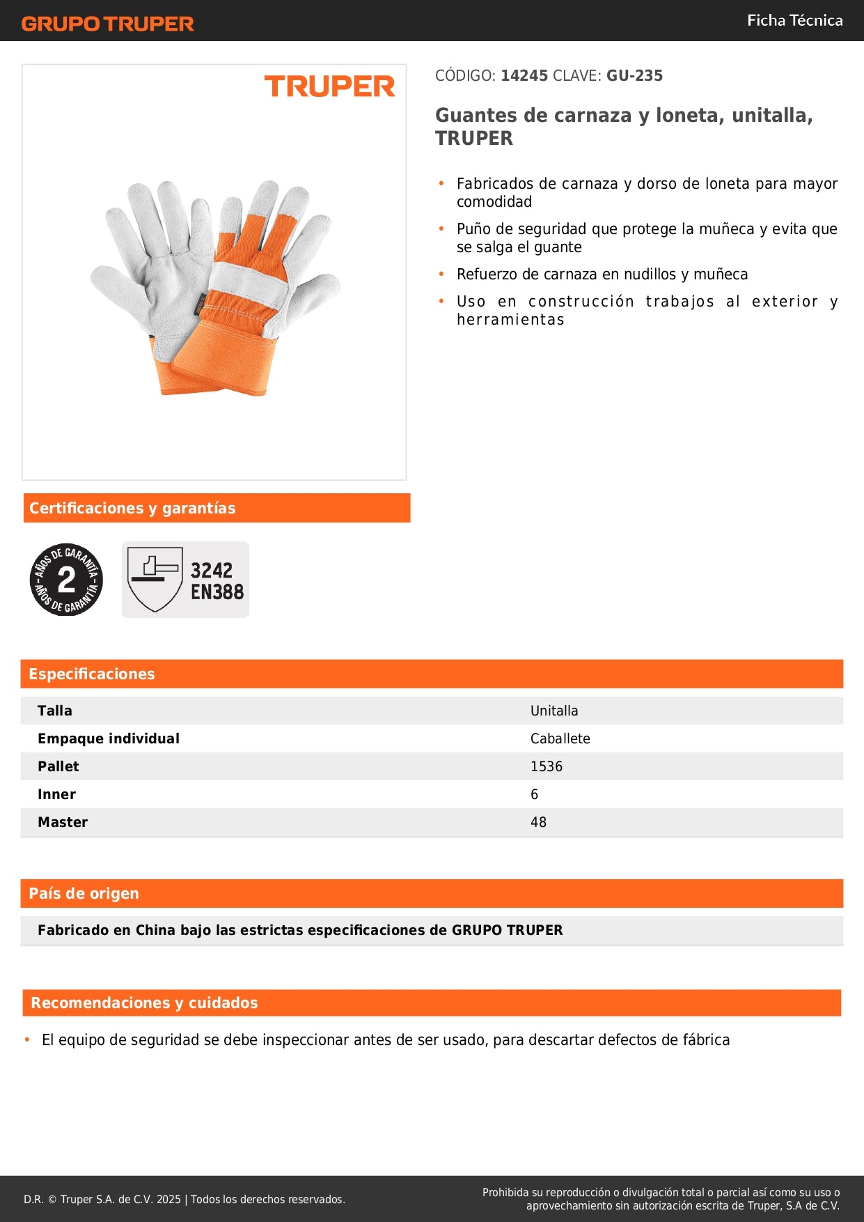 Guantes de Seguridad Industrial TRUPER GU-235 - Carnaza y Loneta con Refuerzo en Nudillos - Protección Completa para Construcción y Trabajo Pesado
