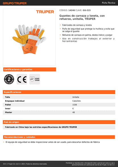 Guantes de Seguridad Industrial TRUPER GU-215 - Carnaza y Loneta con Refuerzo - Protección Completa para Construcción y Herramientas