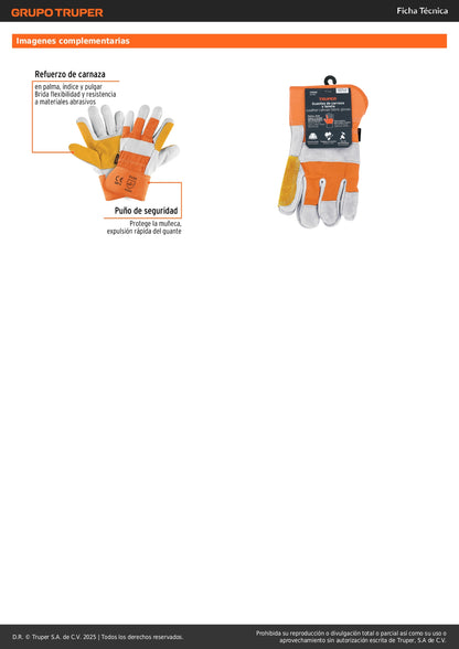 Guantes de Seguridad Industrial TRUPER GU-215 - Carnaza y Loneta con Refuerzo - Protección Completa para Construcción y Herramientas