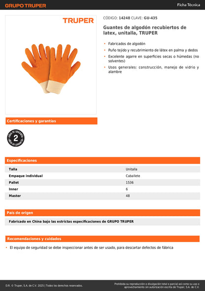Guantes de Seguridad Industrial TRUPER GU-435 - Algodón con Recubrimiento Látex - Agarre Superior para Construcción y Manejo de Vidrio