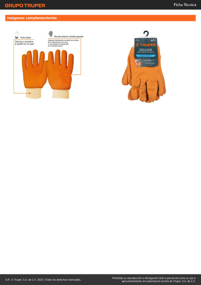 Guantes de Seguridad Industrial TRUPER GU-435 - Algodón con Recubrimiento Látex - Agarre Superior para Construcción y Manejo de Vidrio