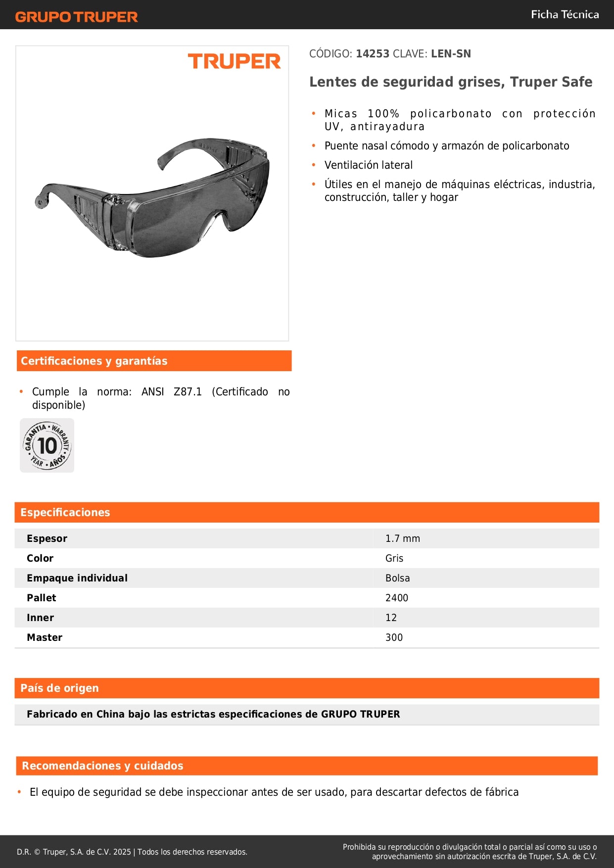 Lentes de Seguridad Grises Truper Safe LEN-SN - Protección UV Antirayadura para Industria, Construcción y Taller - Policarbonato Resistente