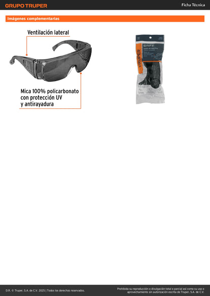 Lentes de Seguridad Grises Truper Safe LEN-SN - Protección UV Antirayadura para Industria, Construcción y Taller - Policarbonato Resistente