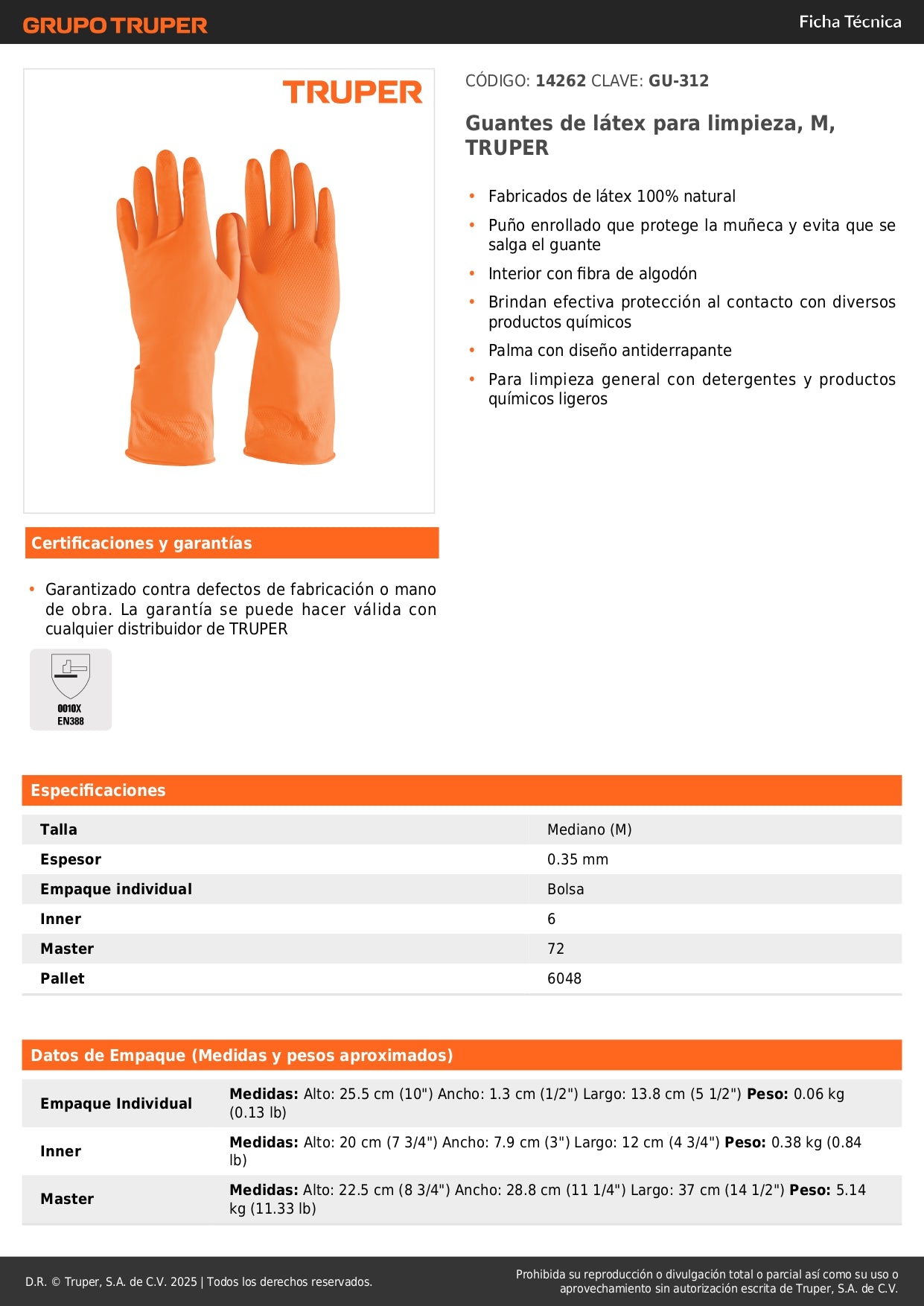 Guantes de Látex TRUPER GU-312 Talla M - Protección Antiderrapante para Limpieza con Químicos