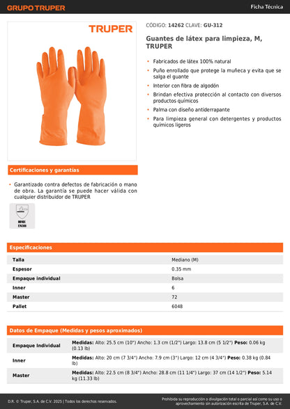 Guantes de Látex TRUPER GU-312 Talla M - Protección Antiderrapante para Limpieza con Químicos