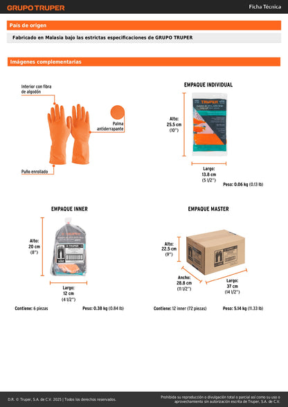 Guantes de Látex TRUPER GU-312 Talla M - Protección Antiderrapante para Limpieza con Químicos