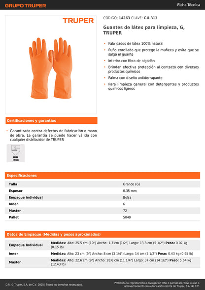 Guantes de Látex TRUPER GU-313 - Protección Profesional para Limpieza con Químicos y Detergentes