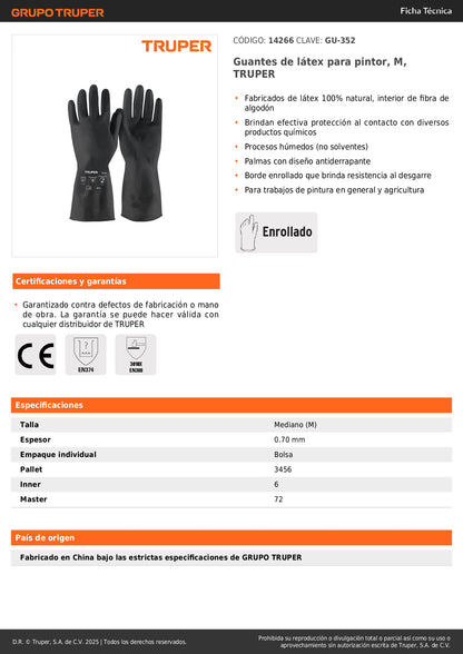 Guantes de Látex TRUPER GU-352 Antiderrapantes para Pintor - Protección Química Profesional Talla M