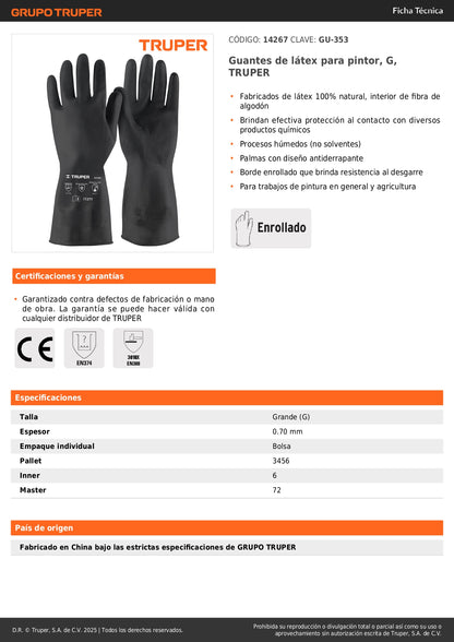 Guantes de Látex TRUPER GU-353 - Protección Química Antiderrapante para Pintura y Agricultura - Talla G