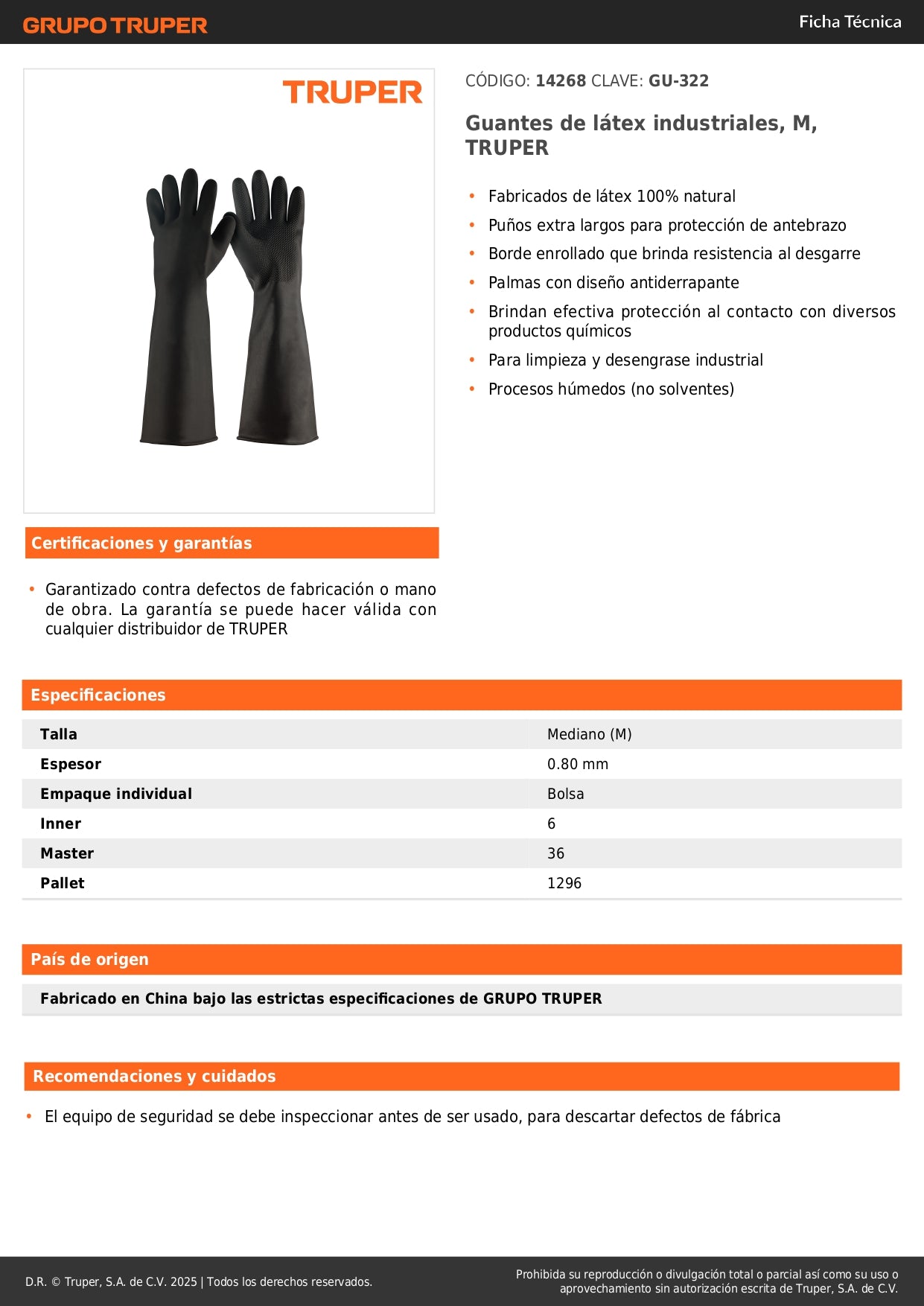 Guantes de Látex Industrial TRUPER GU-322 - Protección Química Antiderrapante con Puños Largos para Limpieza y Desengrase Industrial