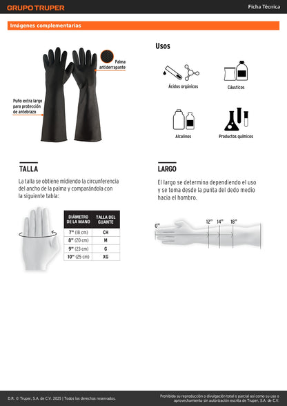 Guantes de Látex Industrial TRUPER GU-322 - Protección Química Antiderrapante con Puños Largos para Limpieza y Desengrase Industrial