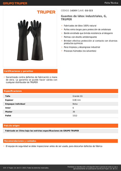 Guantes de Látex Industriales TRUPER GU-323 - Protección Química Antiderrapante con Puños Largos