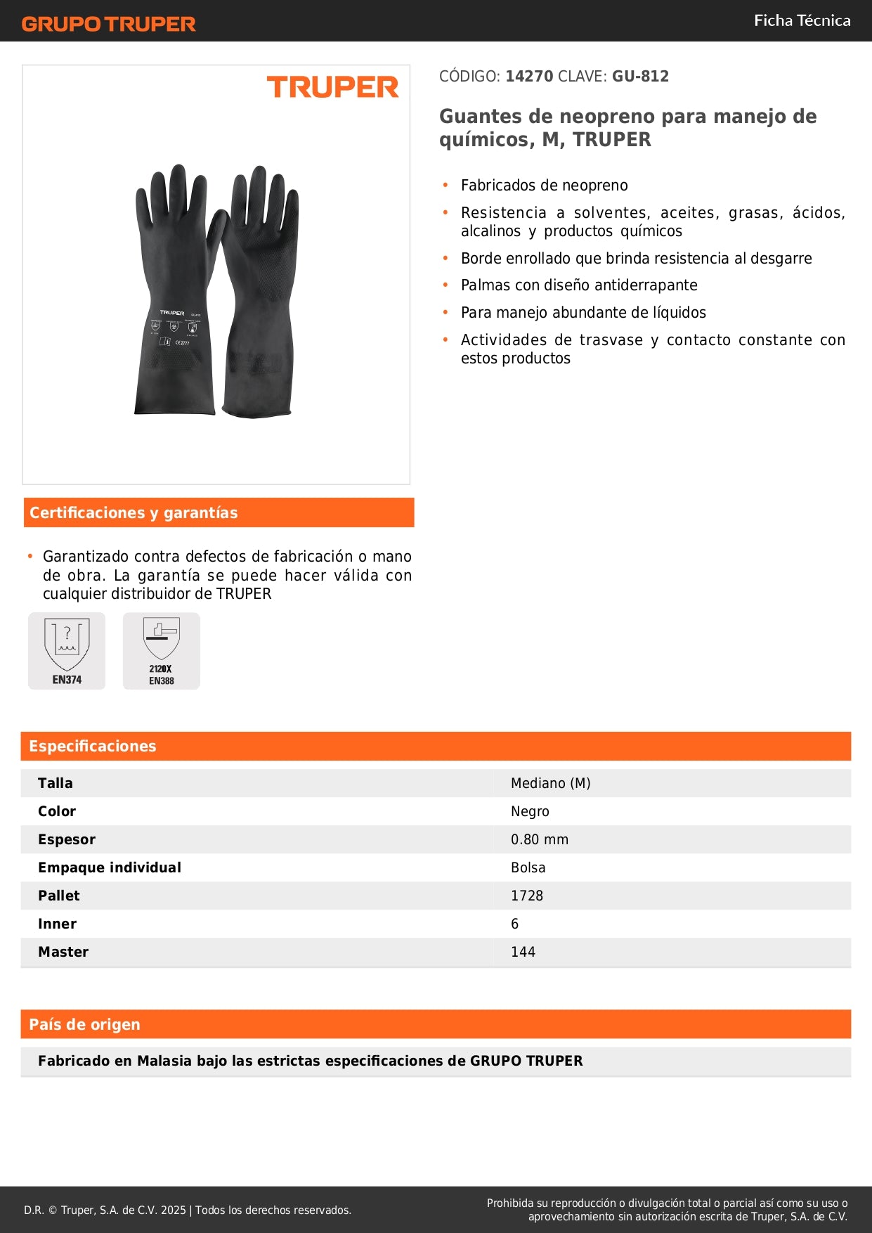 Guantes de Neopreno Resistentes a Químicos TRUPER GU-812 - Protección Profesional contra Ácidos, Solventes y Aceites - Talla M Antiderrapantes