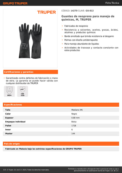 Guantes de Neopreno Resistentes a Químicos TRUPER GU-812 - Protección Profesional contra Ácidos, Solventes y Aceites - Talla M Antiderrapantes