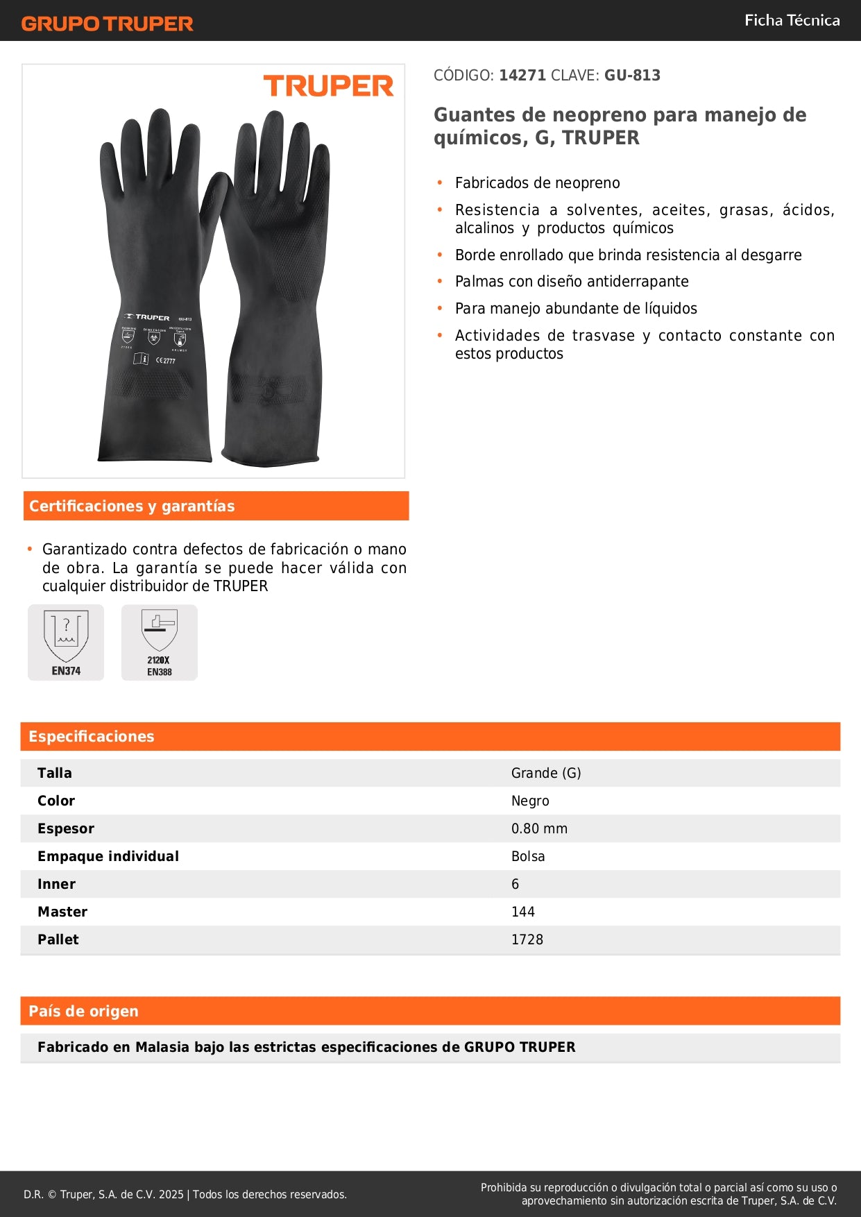 Guantes de Neopreno Químicos TRUPER GU-813 - Resistentes a Ácidos, Solventes y Aceites - Protección Industrial Antiderrapante