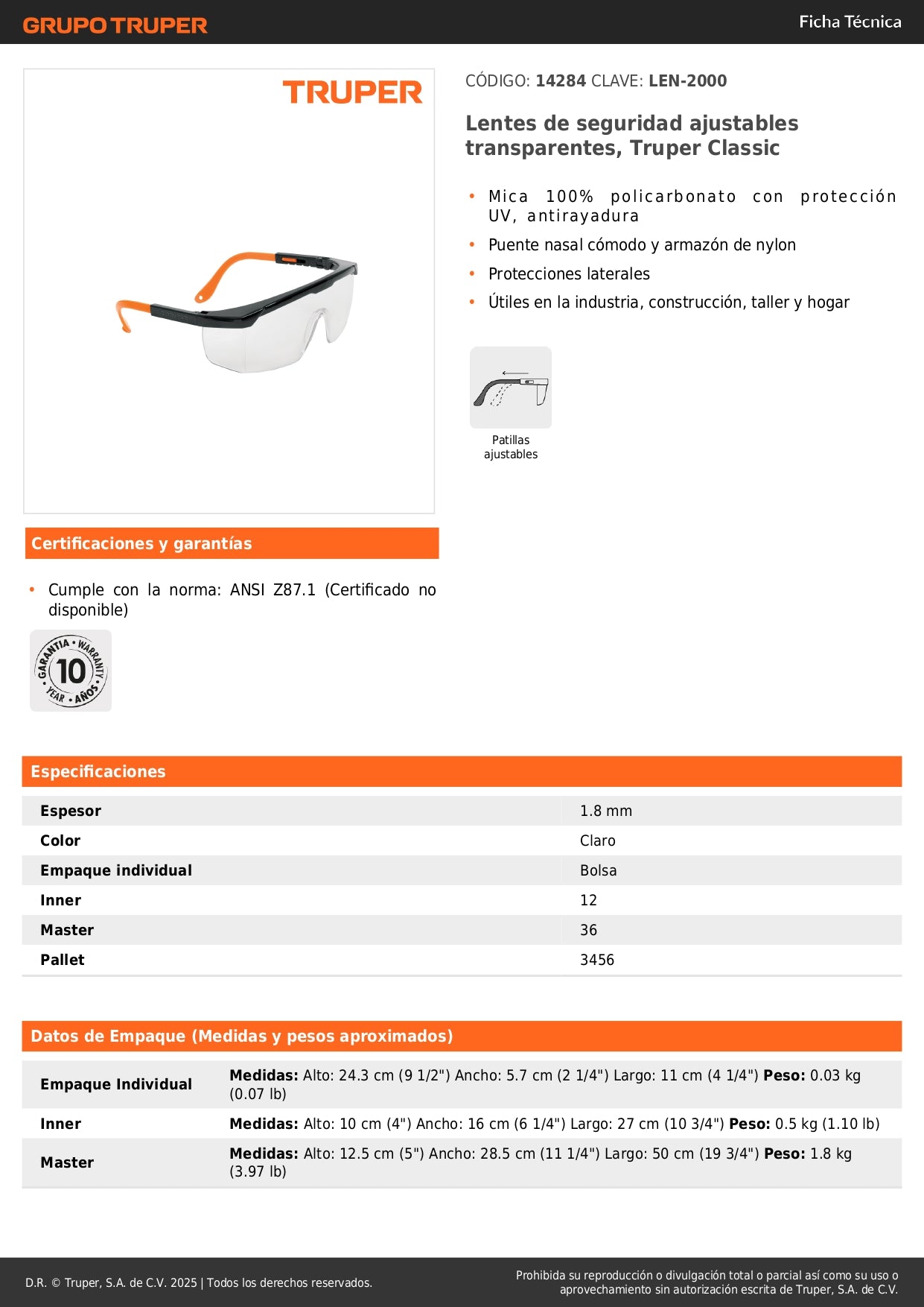 Lentes de Seguridad Ajustables Truper Classic LEN-2000 - Protección UV Antirayadura para Industria, Construcción y Taller - Mica Policarbonato Transparente