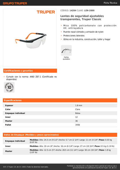 Lentes de Seguridad Ajustables Truper Classic LEN-2000 - Protección UV Antirayadura para Industria, Construcción y Taller - Mica Policarbonato Transparente