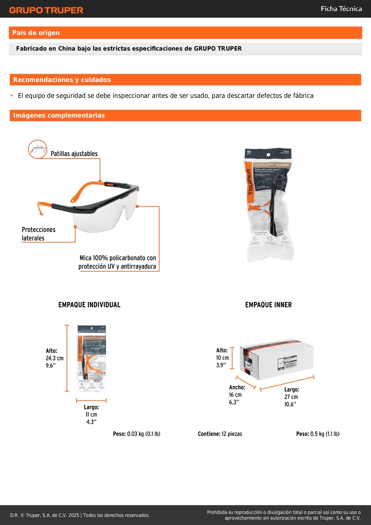 Lentes de Seguridad Ajustables Truper Classic LEN-2000 - Protección UV Antirayadura para Industria, Construcción y Taller - Mica Policarbonato Transparente