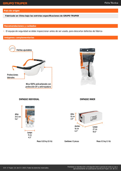 Lentes de Seguridad Ajustables Truper Classic LEN-2000 - Protección UV Antirayadura para Industria, Construcción y Taller - Mica Policarbonato Transparente