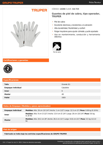 Guantes de Piel de Cabra TRUPER GU-725 - Protección Superior para Mantenimiento Industrial, Conducción y Herramientas Eléctricas - Resistentes Abrasión