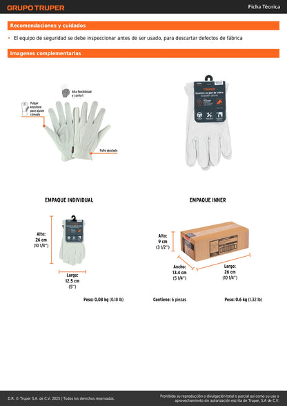Guantes de Piel de Cabra TRUPER GU-725 - Protección Superior para Mantenimiento Industrial, Conducción y Herramientas Eléctricas - Resistentes Abrasión