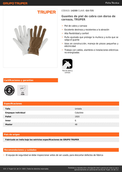 Guantes de Seguridad Industrial Piel de Cabra TRUPER GU-735 - Protección Eléctrica y Construcción con Alta Destreza