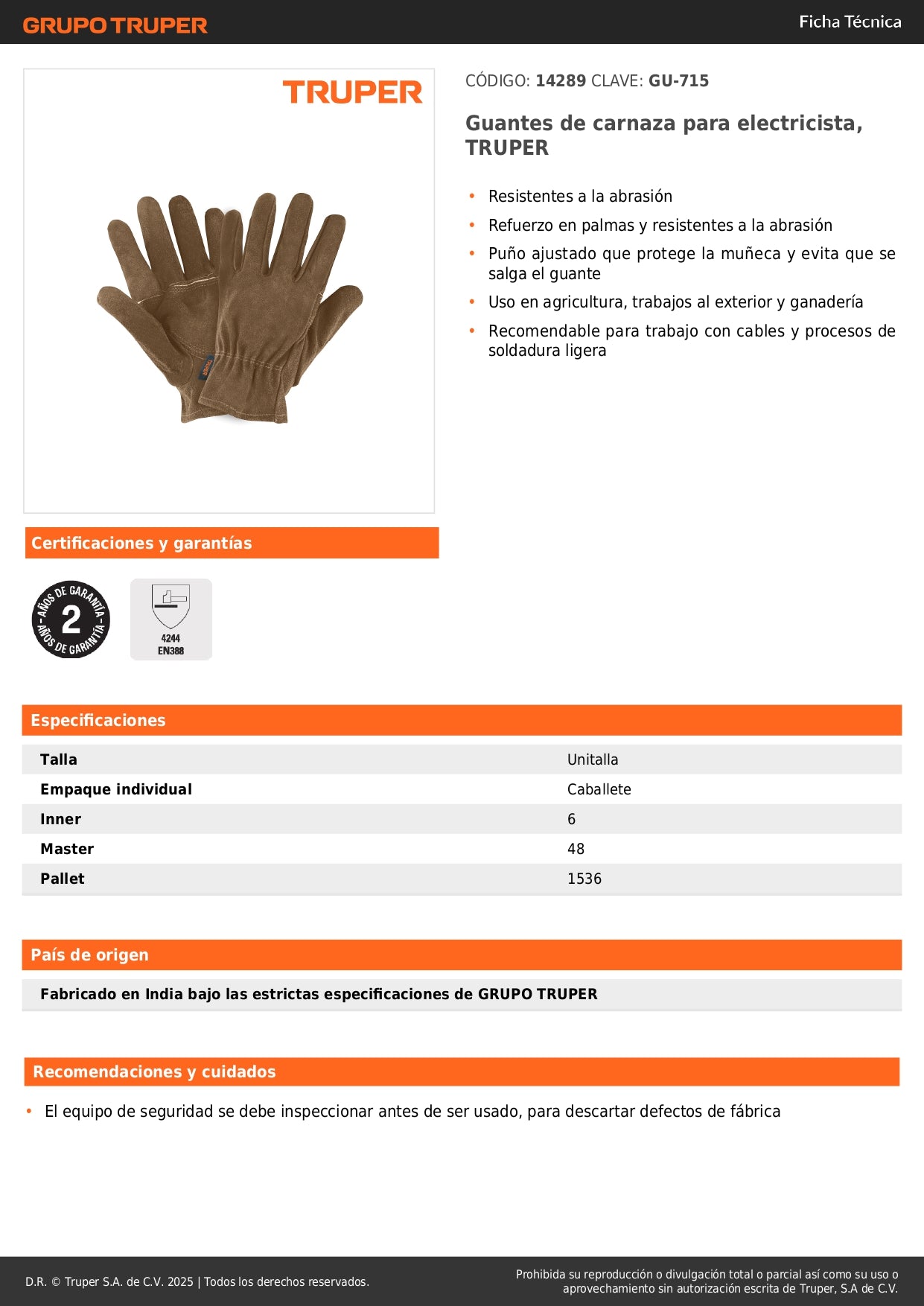 Guantes de Carnaza para Electricista TRUPER GU-715 - Resistentes Abrasión con Refuerzo Palmas - Protección Soldadura y Cables Eléctricos