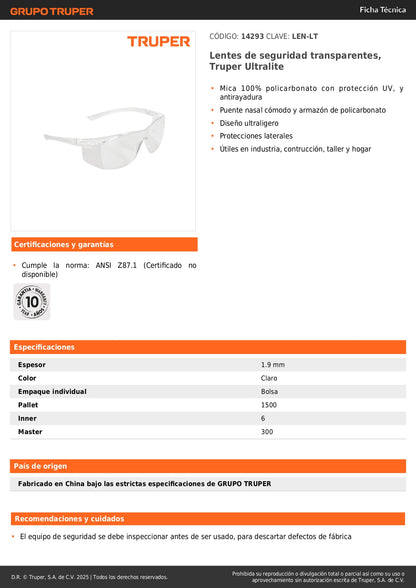 Lentes de Seguridad Transparentes Truper Ultralite LEN-LT - Protección UV Antirayadura Policarbonato - Solución Profesional para Industria Construcción Taller y Hogar