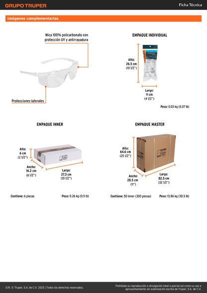 Lentes de Seguridad Transparentes Truper Ultralite LEN-LT - Protección UV Antirayadura Policarbonato - Solución Profesional para Industria Construcción Taller y Hogar