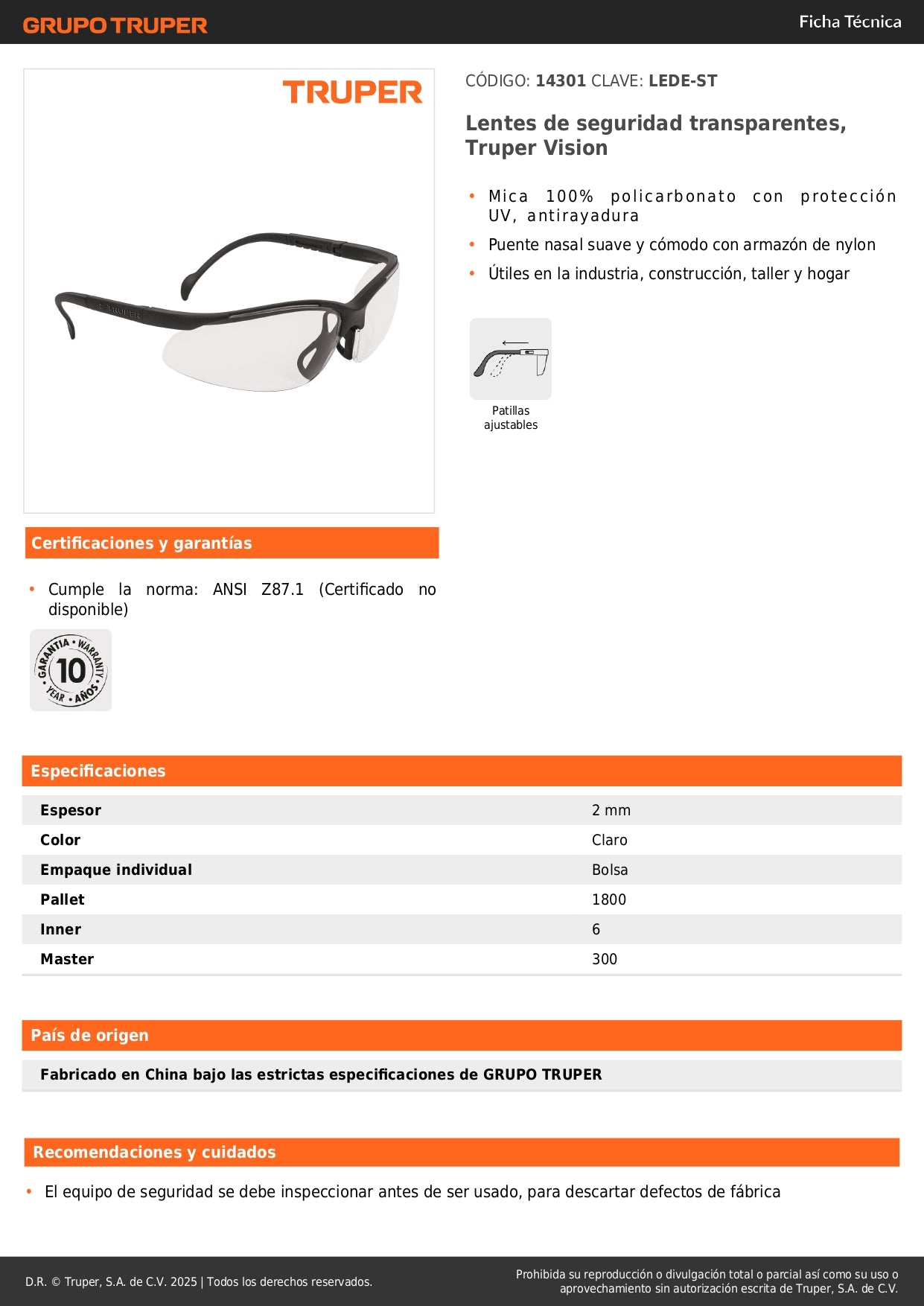 Lentes de Seguridad Transparentes Truper Vision LEDE-ST - Protección UV Policarbonato Antirayadura para Industria Construcción Taller