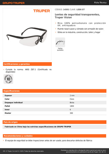 Lentes de Seguridad Transparentes Truper Vision LEDE-ST - Protección UV Policarbonato Antirayadura para Industria Construcción Taller