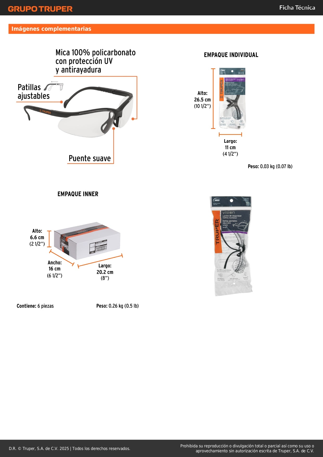 Lentes de Seguridad Transparentes Truper Vision LEDE-ST - Protección UV Policarbonato Antirayadura para Industria Construcción Taller