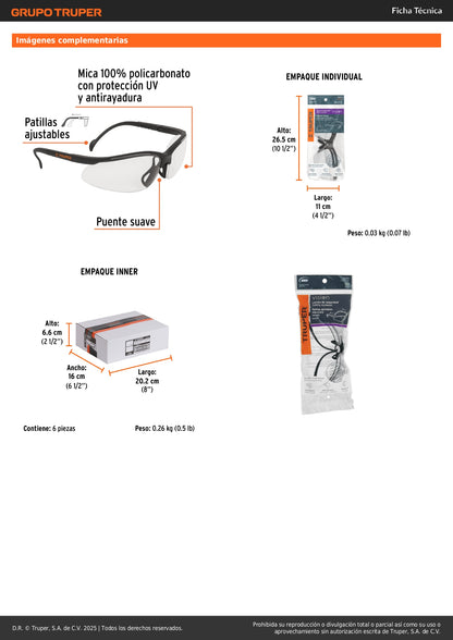 Lentes de Seguridad Transparentes Truper Vision LEDE-ST - Protección UV Policarbonato Antirayadura para Industria Construcción Taller