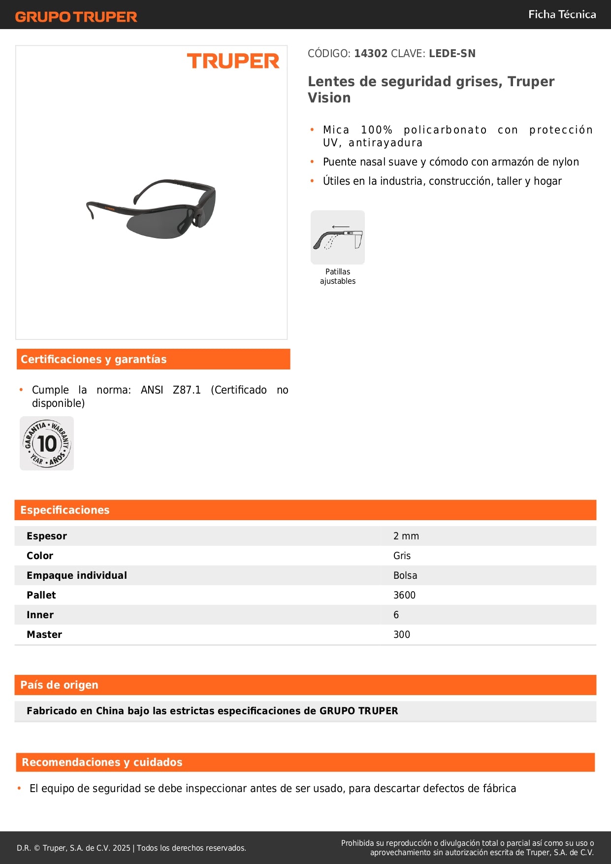 Lentes de Seguridad Grises Truper Vision LEDE-SN - Protección UV Antirayadura para Industria, Construcción y Taller - Policarbonato Resistente