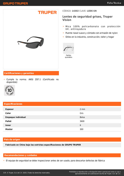 Lentes de Seguridad Grises Truper Vision LEDE-SN - Protección UV Antirayadura para Industria, Construcción y Taller - Policarbonato Resistente