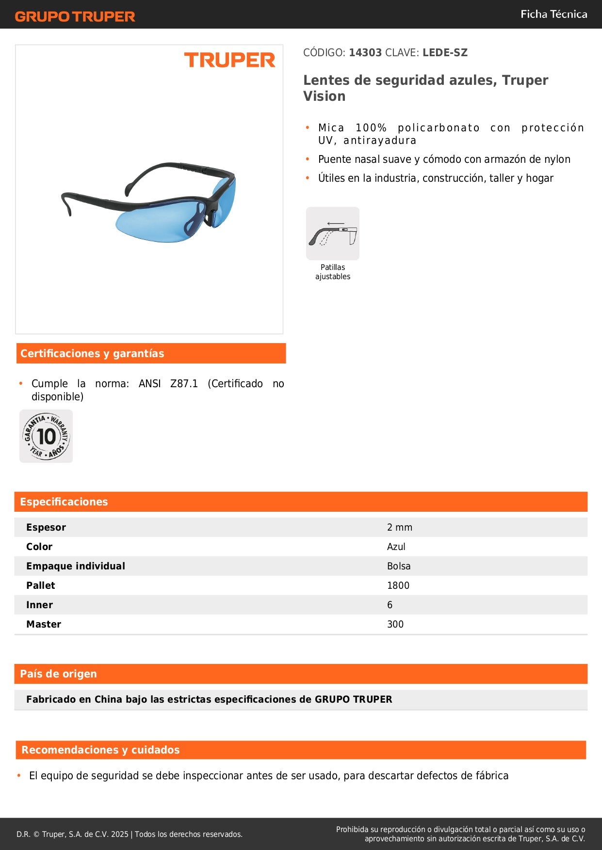 Lentes de Seguridad Azules Truper Vision LEDE-SZ - Protección UV Policarbonato Antirayadura para Industria Construcción Taller