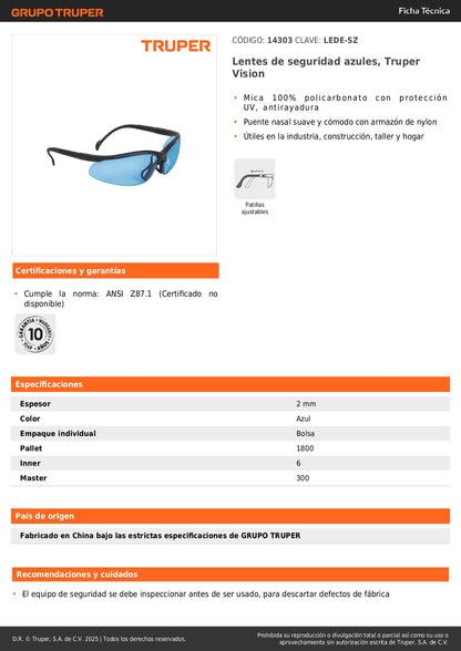 Lentes de Seguridad Azules Truper Vision LEDE-SZ - Protección UV Policarbonato Antirayadura para Industria Construcción Taller