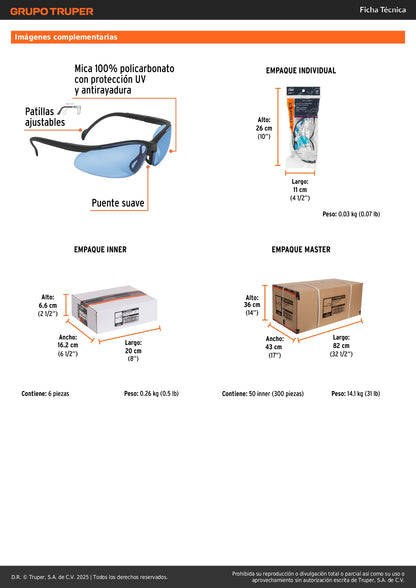 Lentes de Seguridad Azules Truper Vision LEDE-SZ - Protección UV Policarbonato Antirayadura para Industria Construcción Taller