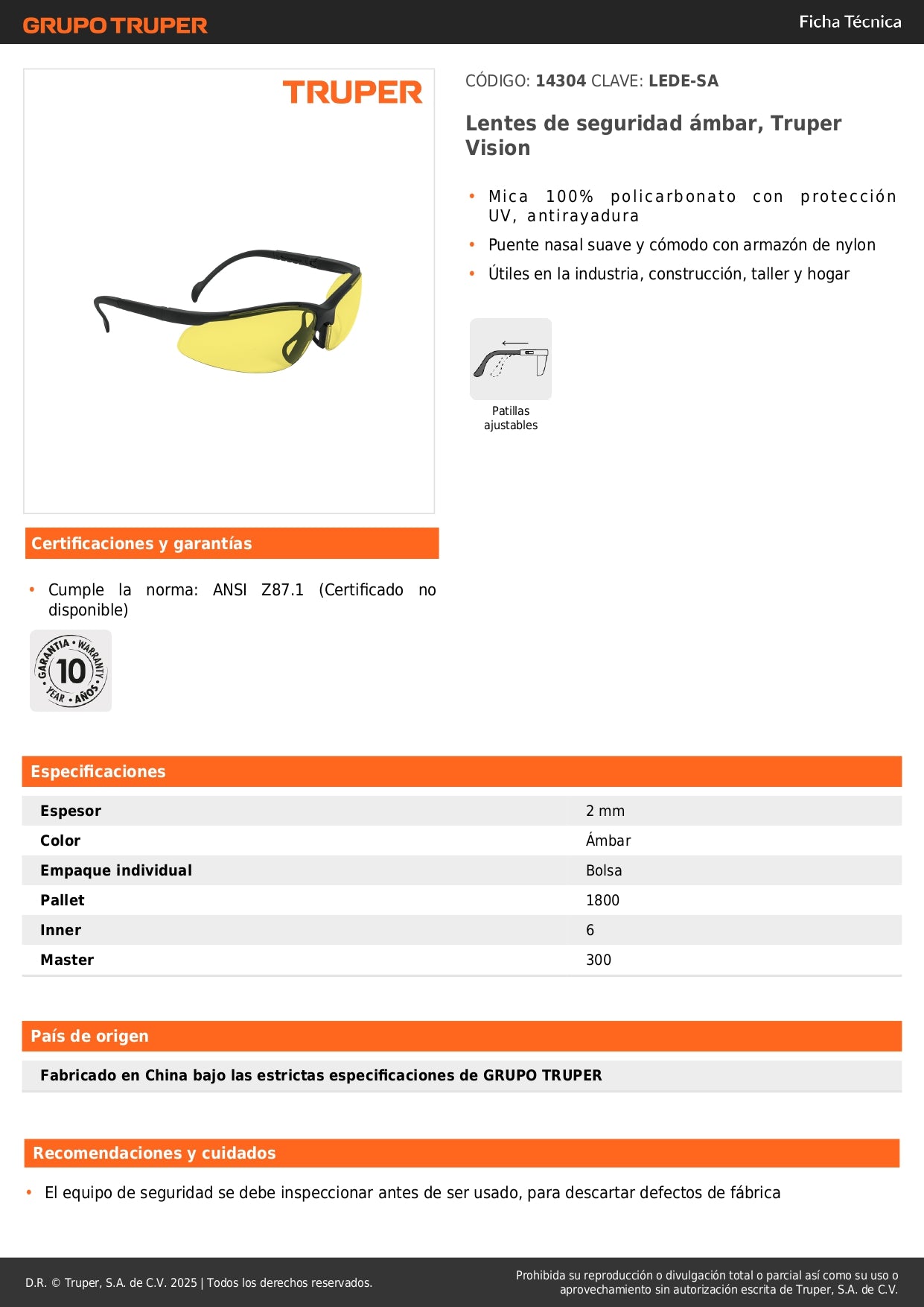Lentes de Seguridad Ámbar Truper Vision LEDE-SA - Protección UV Antirayadura Policarbonato para Industria Construcción Taller