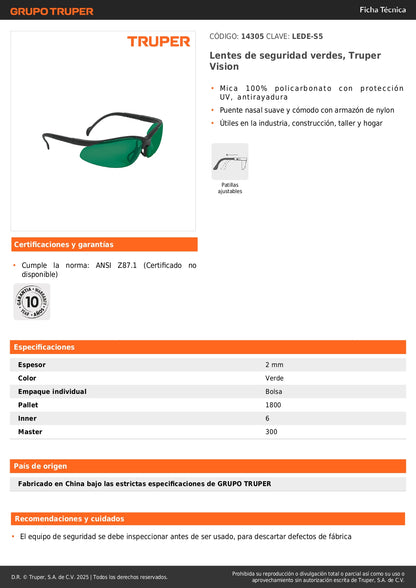 Lentes de Seguridad Industrial Truper LEDE-S5 - Protección UV Policarbonato Verde Anti-Rayadura para Construcción y Taller