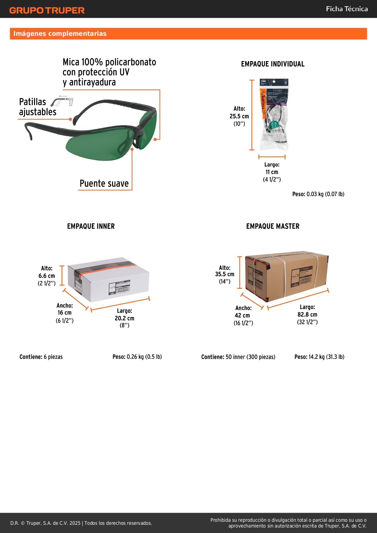 Lentes de Seguridad Industrial Truper LEDE-S5 - Protección UV Policarbonato Verde Anti-Rayadura para Construcción y Taller