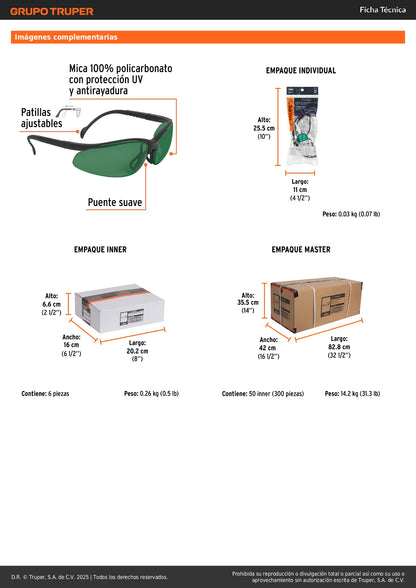 Lentes de Seguridad Industrial Truper LEDE-S5 - Protección UV Policarbonato Verde Anti-Rayadura para Construcción y Taller