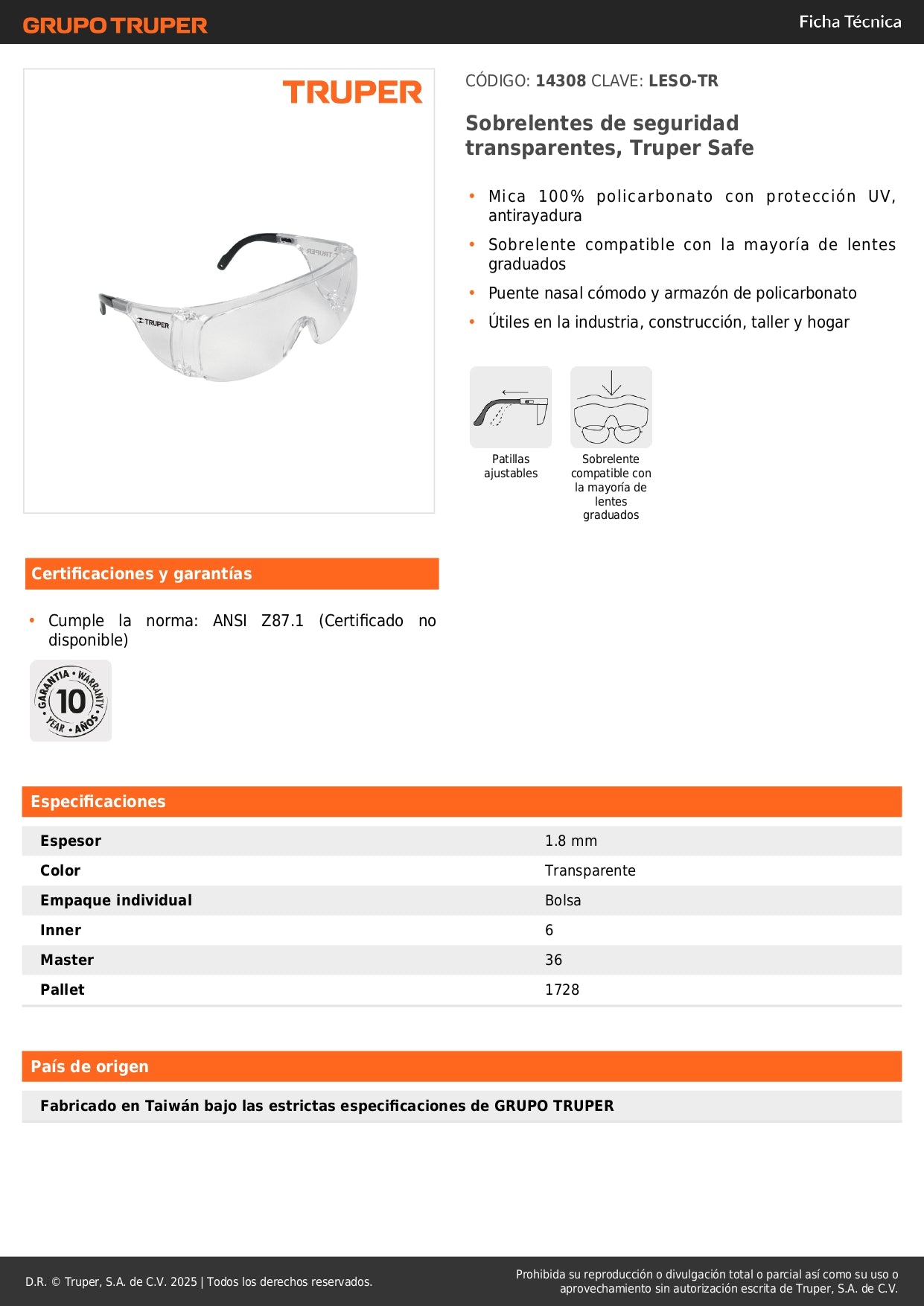 Sobrelentes de Seguridad Transparentes Truper Safe LESO-TR - Protección UV Antirayadura Compatible con Lentes Graduados para Industria y Construcción