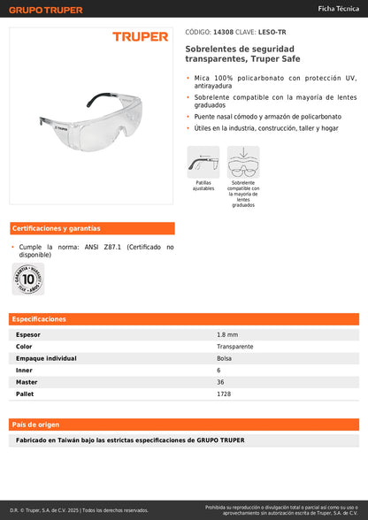 Sobrelentes de Seguridad Transparentes Truper Safe LESO-TR - Protección UV Antirayadura Compatible con Lentes Graduados para Industria y Construcción