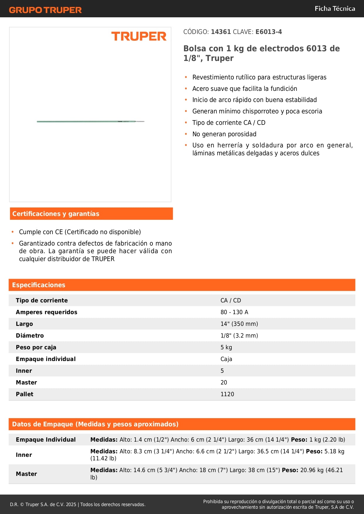 Electrodos 6013 1/8 Pulgada Truper 1kg - Soldadura Profesional Acero Suave CA/CD - Herrería y Estructuras Ligeras