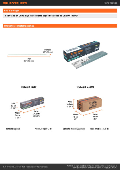 Electrodos 6013 1/8 Pulgada Truper 1kg - Soldadura Profesional Acero Suave CA/CD - Herrería y Estructuras Ligeras